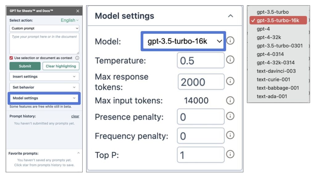 GPT for Docs의 [Model settings] 기능을 소개하는 스크린샷 이미지입니다. 