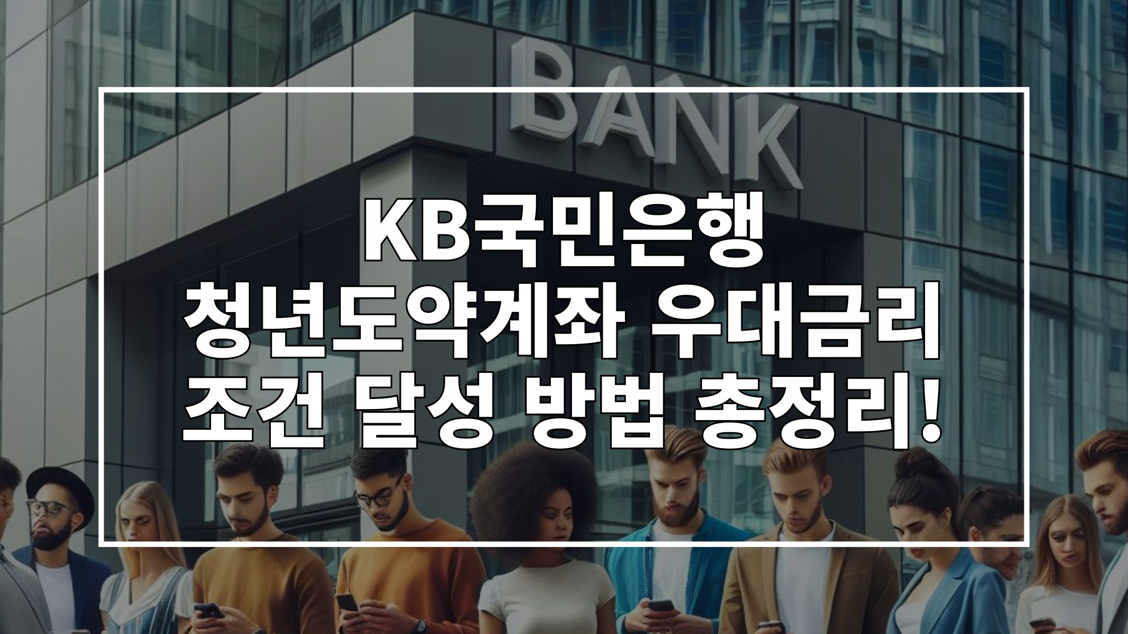 젊은 사람들이 은행 앞에서 핸드폰을 하는 이미지 위에 'KB국민은행 청년도약계좌 우대금리 조건 달성 방법 총정리!'라고 쓰인 썸네일 이미지입니다.