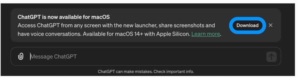 macOS용 챗GPT 앱을 다운로드 받을 수 있다는 알림창이 뜬 화면을 캡처한 이미지입니다.